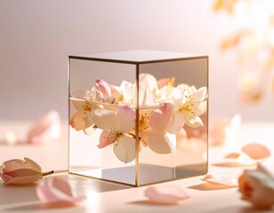 Mirrored Flower Petals in Glass Cube