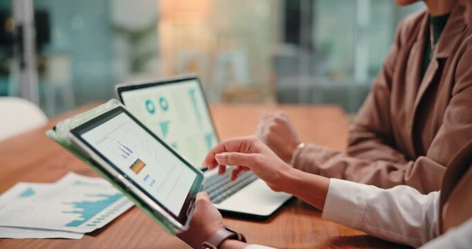 Tablet screen, hands and business people with discussion for chart, investment and data. Laptop, team talk and planning with graphs in meeting for financial review, stats or risk management in office