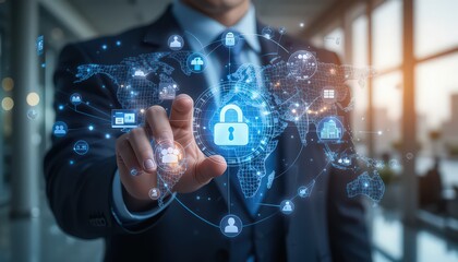 Businessman touching a digital padlock surrounded by network icons on a world map overlaying him