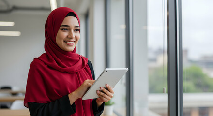 Smiling Muslim businesswoman using tablet near window modern office success
