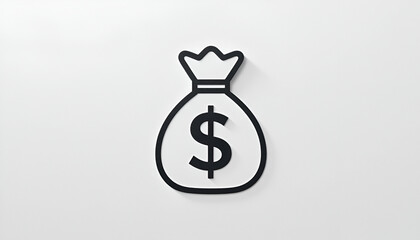 A minimalist black and white money bag icon featuring a dollar sign suggests wealth, finance, and business success.