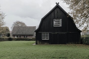 Obraz premium A historic black wooden barn featuring expansive windows stands proudly next to a traditional home, set against a picturesque rural landscape under an overcast sky