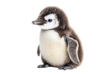 A baby penguin, isolate on white background, with fluffy down feathers and a curious look. PNG