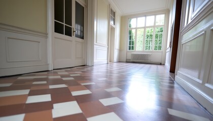 Obraz premium Empty interior hallway with checkerboard tiled floor bright natural light from large window and white paneled walls creating spacious clean atmosphere