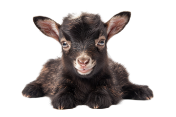 A baby goat, isolate on white background, with small horns and a curious, playful expression. PNG