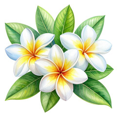 Fototapeta premium Watercolor Plumeria Flowers with Leaves, Transparent Background
