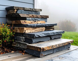 Rustic Stone and Driftwood Steps in Morning Fog