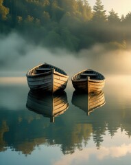 Two weathered wooden rowboats float peacefully on a tranquil misty lake at sunrise with reflections of trees and sky