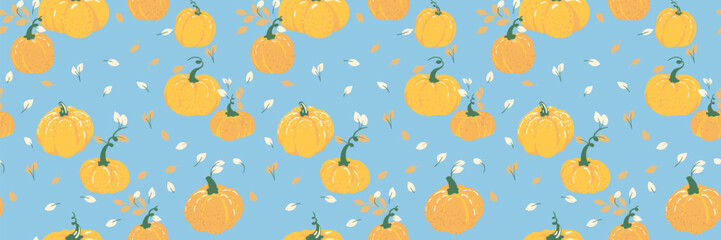 Seamless vector pattern with hand drawn pumpkins and falling leaves on a blue background. Template for autumn decor, Thanksgiving, seasonal packaging, and Halloween themed designs