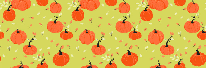 Seamless vector pattern with hand drawn pumpkins and falling leaves on a vivid green background. Template for autumn decor, Thanksgiving, seasonal packaging, and Halloween themed designs