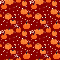 Seamless vector pattern featuring hand-drawn orange pumpkins and delicate leaves on a rich red background. Ideal for autumn designs, Thanksgiving projects, seasonal textiles, and packaging