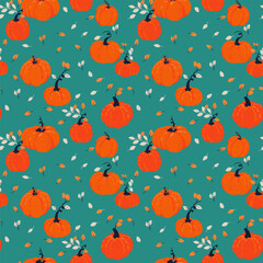 Seamless vector pattern featuring hand drawn orange pumpkins and delicate leaves on a teal, turquoise background. Ideal for autumn designs, Thanksgiving projects, seasonal textiles, and packaging