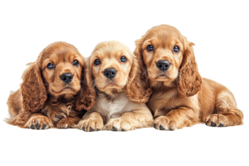 A family of Cocker Spaniels, isolate on white background, showcasing their interactions and fluffy appearances. PNG