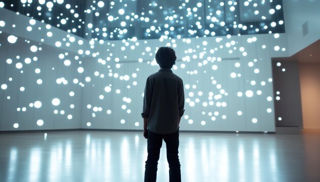 Child standing in modern exhibition hall watching abstract glowing light particles creating futuristic data network pattern on wall and ceiling