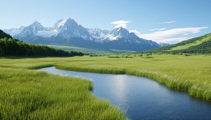 Scenic mountain landscape with a winding river flowing through a lush green meadow under a clear blue sky ideal for tranquil nature scenes