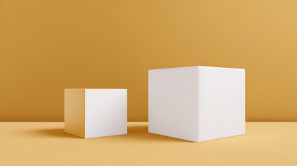 Two white cubes on a mustard background