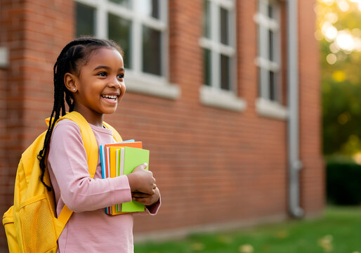 A cheerful young girl holding a stack of books stands in front of a school building, smiling with excitement. Bright morning light and a fresh start to the school year. Back to school - Powered by Adobe