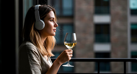 Young woman with headphones enjoying a glass of white wine on a balcony, looking outside with relaxed mood. Urban lifestyle moment.