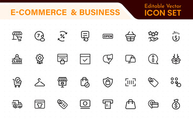 E-Commerce set of web icons in line style. Online shopping icons for web and mobile app. Business, mobile shop, digital marketing, bank card, gifts, sale, delivery. Vector illustration