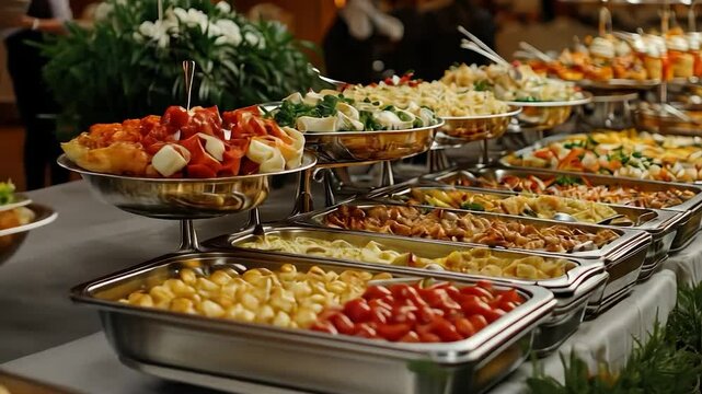 Buffet food displays with various dishes in chafing dishes