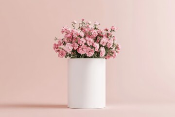 Naklejka premium A white cylindrical vase filled with small pink flowers against a pink background in a studio setting