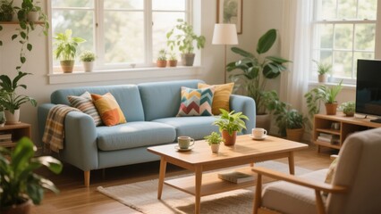 Bright and Cozy Living Room with Blue Sofa and Green Plants