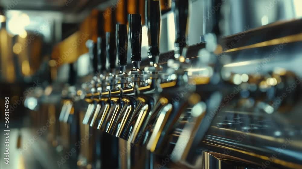 Poster Row of beer taps in a busy bar
