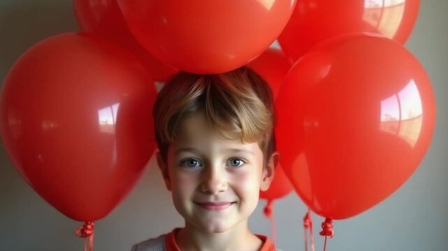 Smiling Child Among Red Balloons &ndash; Celebrating Duchenne Awareness