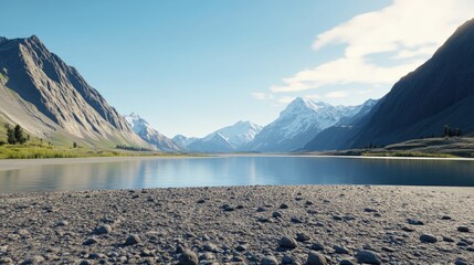 Majestic mountain lake with serene water reflecting snow capped peaks and vast blue sky surrounded by towering slopes and rocky shoreline peaceful natural landscape