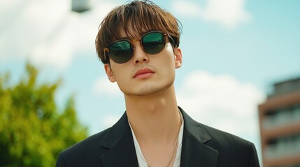 Stylish young man wearing sunglasses and blazer outdoors with bright blue sky and green foliage background