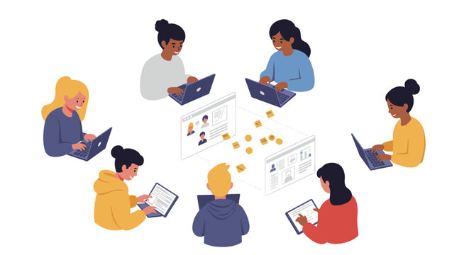 Collaborative online learning environment vector illustration for educational design and teamwork concepts