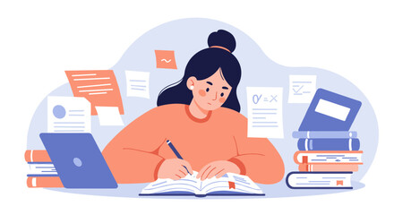 Busy student studying vector illustration for education and learning design in a modern flat style