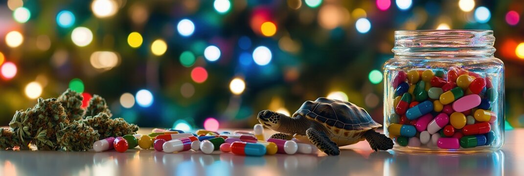 A small turtle explores a colorful array of pills beside a jar filled with assorted capsules, set against a blurred backdrop of festive bokeh lights.