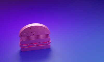 Pink Burger icon isolated on purple-blue background. Hamburger icon. Cheeseburger sandwich sign. Minimalism concept. 3D render illustration