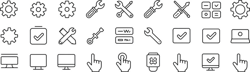 Obraz premium Settings and User Interface Line Icons Featuring Gears, Tools, Touch Controls, Monitors, and Checklist Elements