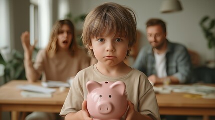 A young boy holds a piggy bank with a sad expression, while two adults argue in the blurred background. The image reflects childhood, financial stress, family conflict, and emotional tension