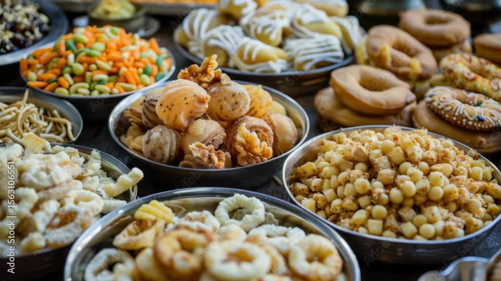 Poster A collection of bowls filled with various types of food, suitable for a buffet or event