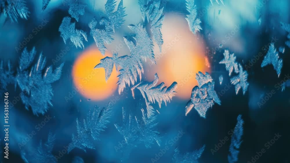 Poster A close-up view of intricate frost patterns on a window, ideal for use in winter-themed designs