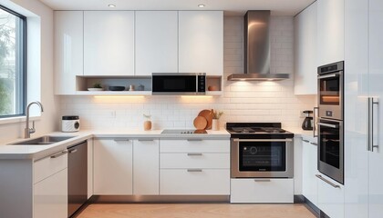 Fototapeta premium Sleek minimalist kitchen with stainless steel appliances and white cabinetry, stainless steel appliances, lighting