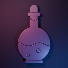Purple Glass bottle with magic elixir icon isolated on purple-blue background. Computer game asset. Minimalism concept. 3D render illustration