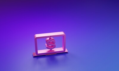 Pink Laptop with dollar symbol icon isolated on purple-blue background. Online shopping concept. Economy concept. Minimalism concept. 3D render illustration