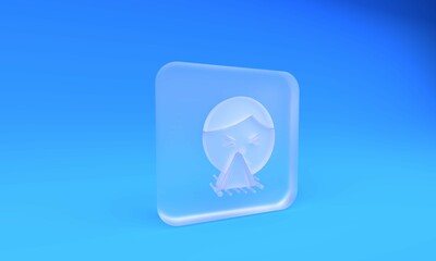 Frosted glass Man holding handkerchief or napkin to his runny nose icon isolated on blue background. Coryza desease symptoms. Square frosted glass button. 3D render illustration