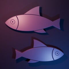 Purple Fish icon isolated on purple-blue background. Minimalism concept. 3D render illustration