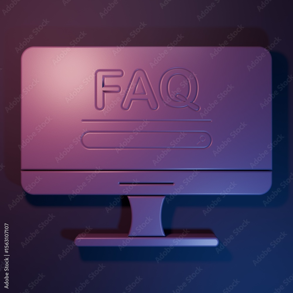 Fototapete purple computer monitor with text faq information icon isolated on purple-blue background. frequentl