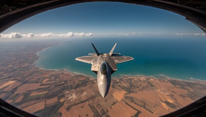 High-altitude view of a fighter jet over coastal terrain.