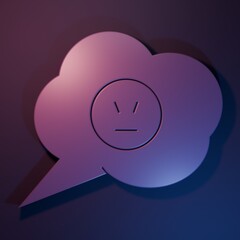 Purple Speech bubble with angry smile icon isolated on purple-blue background. Emoticon face. Minimalism concept. 3D render illustration
