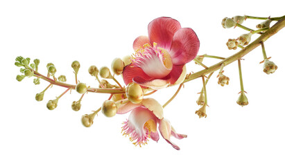 Cannonball tree, Couroupita guianensis flowers, isolated on white background, with clipping path
