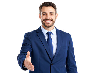 Isolated business man, open handshake and portrait with smile, welcome or greeting by transparent background.