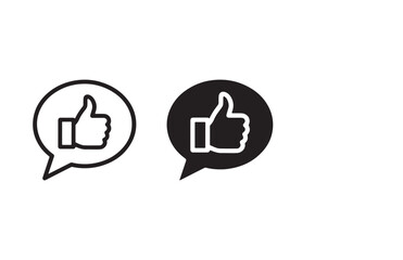Two speech bubbles with thumbs up icons one outlined and one solid isolated on white background