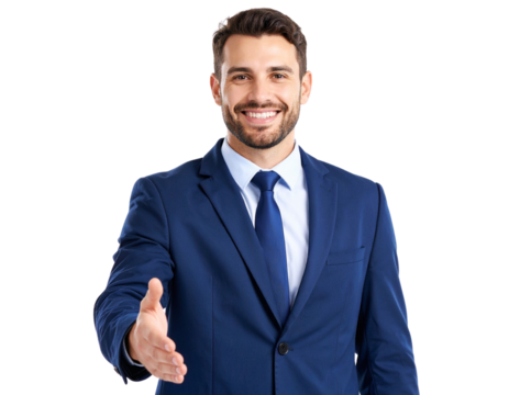 Isolated business man, open handshake and portrait with smile, welcome or greeting by transparent background.